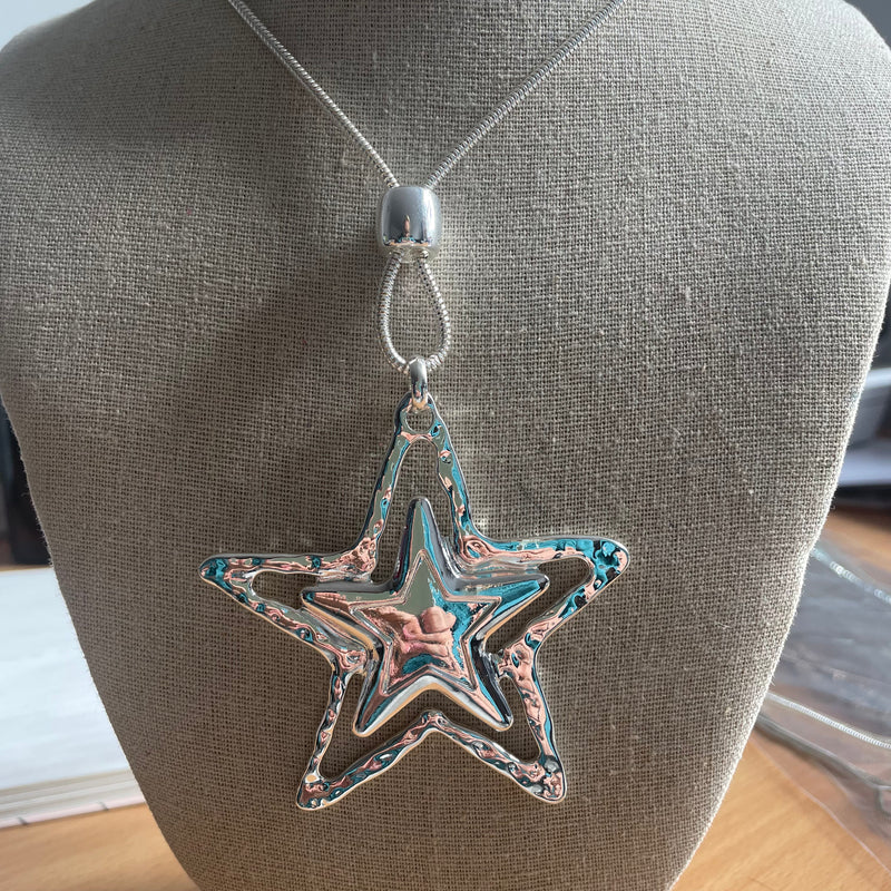 Triple Star Silver Long Necklace
