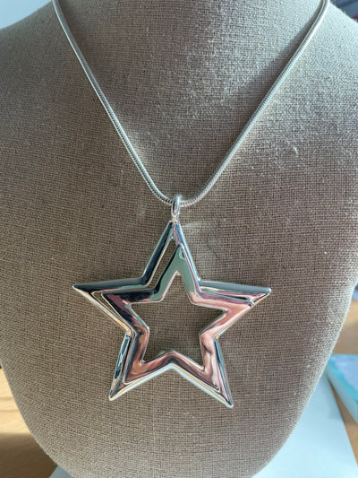 Double Star Silver Long Necklace