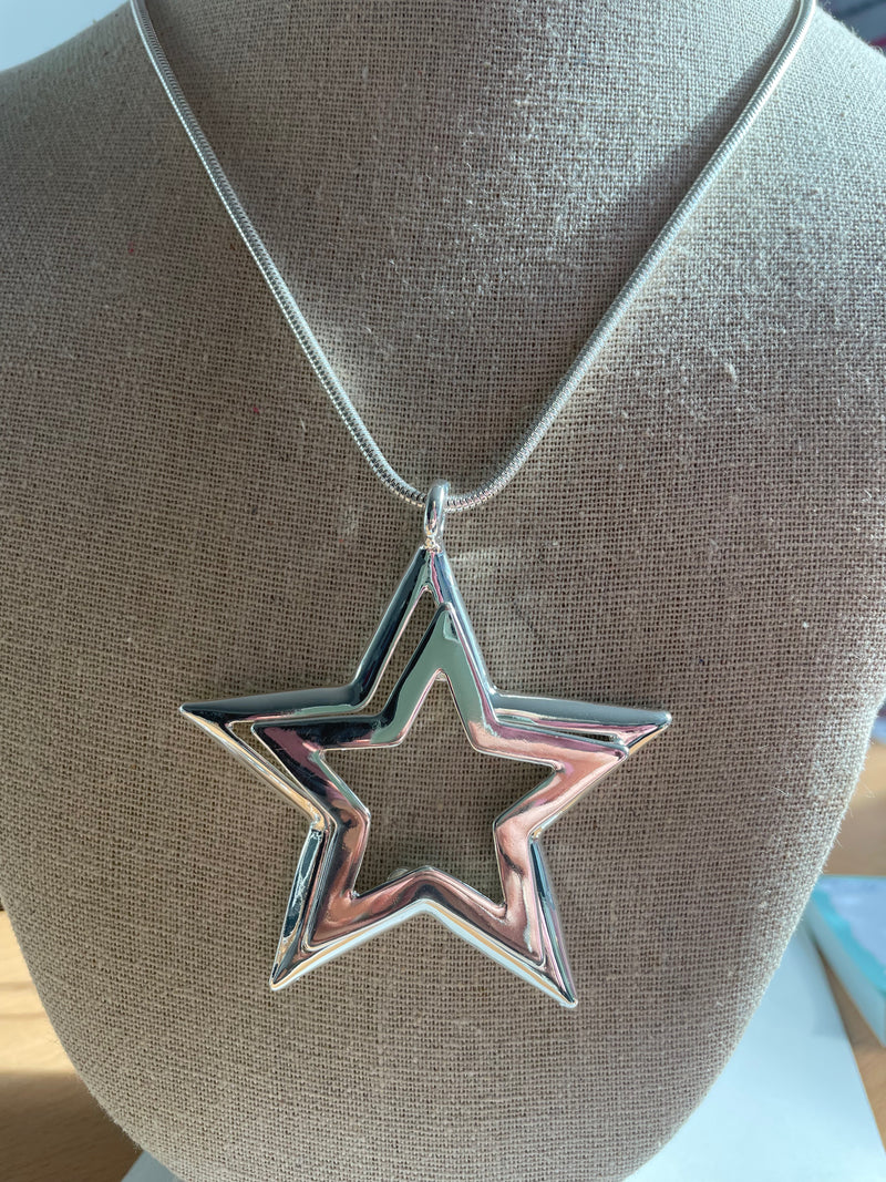 Double Star Silver Long Necklace
