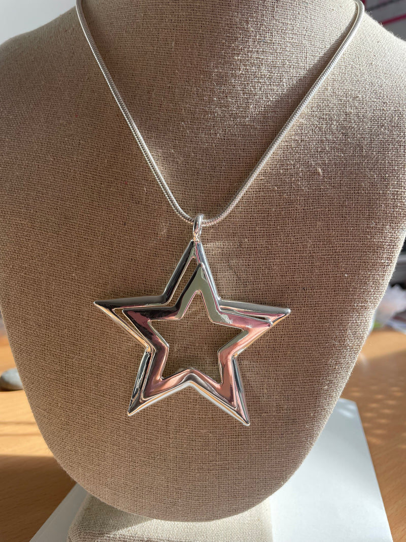 Double Star Silver Long Necklace