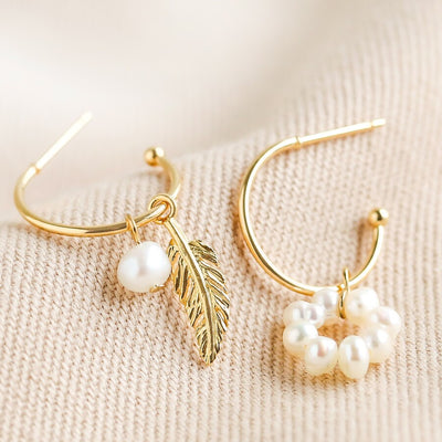 Mismatched Feather and Pearl Hoop Earrings in Gold