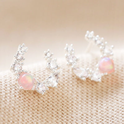 Crystal & Opal Horseshoe Stud Earrings in Silver