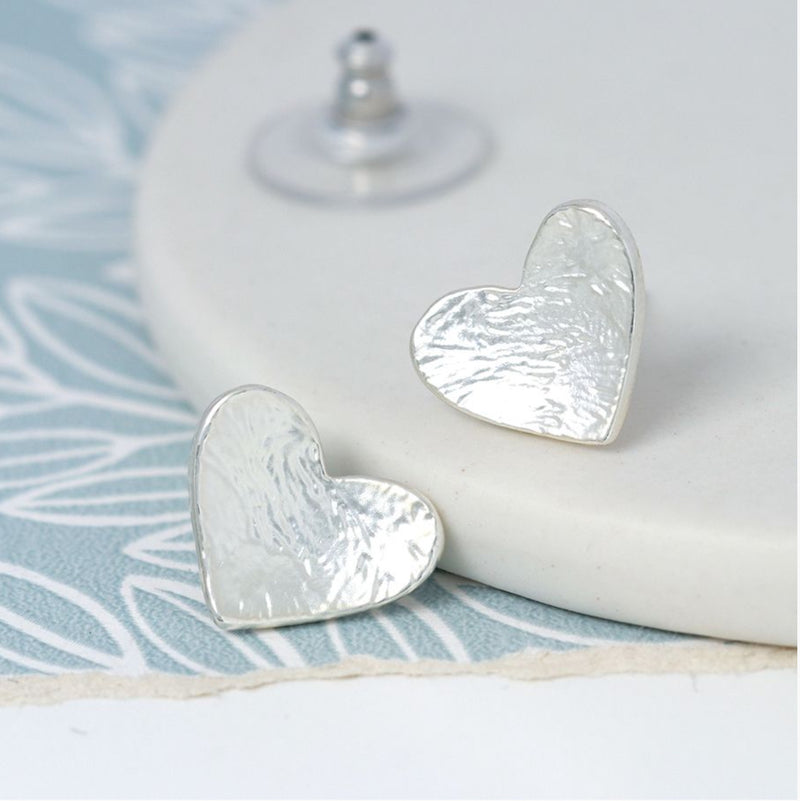 Silver Plated Texture Heart Stud Earrings