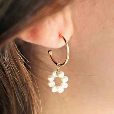 Mismatched Feather and Pearl Hoop Earrings in Gold