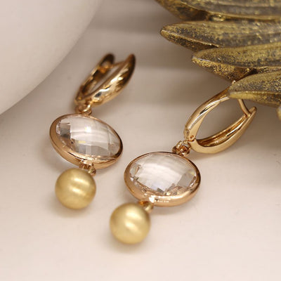 Gold Edged Crystal & Brushed Gold Bead Drop Earrings