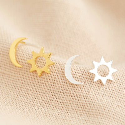 Moon and Sun Stud Earrings in Silver