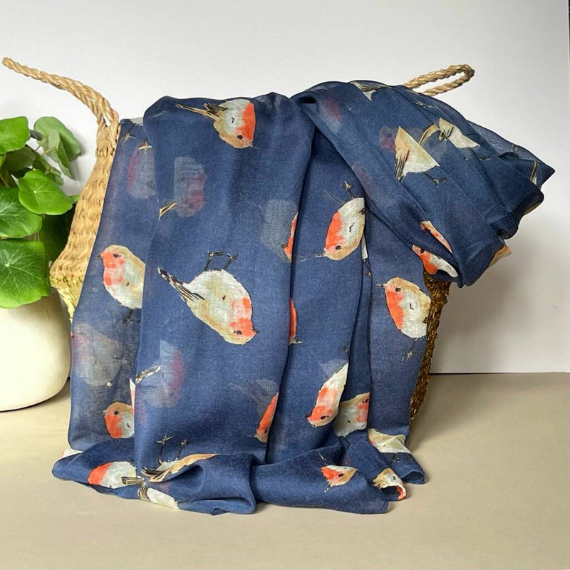 Navy Watercolour Robins Scarf