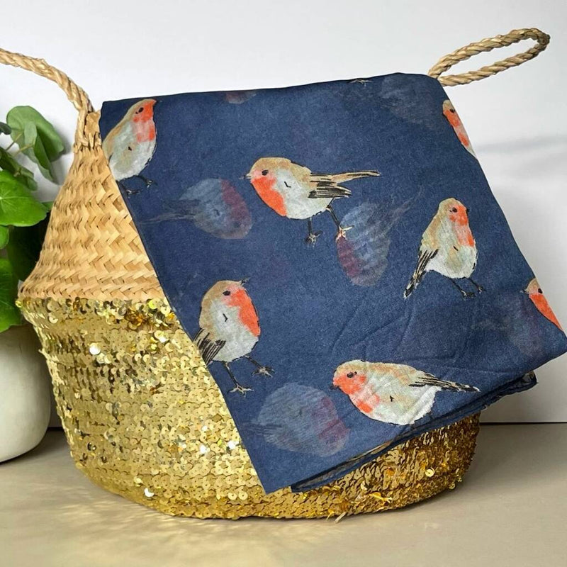 Navy Watercolour Robins Scarf