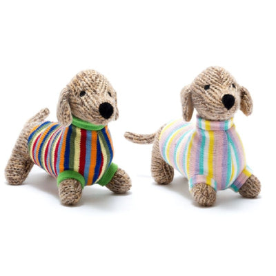 Small Knitted Sausage Dog Rattle In Bold Stripe Jumper