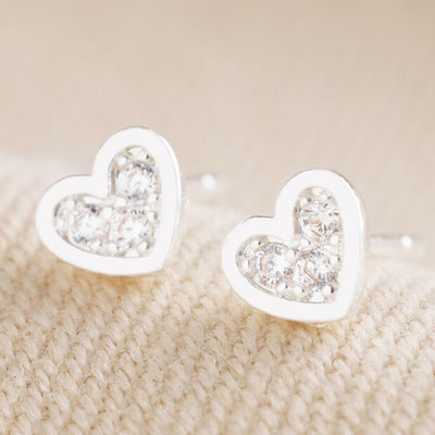 Tiny Crystal Heart Stud Earrings In Silver