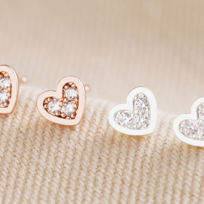 Tiny Crystal Heart Stud Earrings In Silver