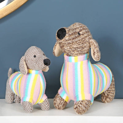 Small Knitted Sausage Dog Rattle In Pastel Jumper